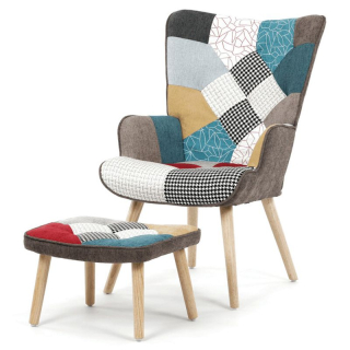 Relaxačné kreslo ušiak s taburetom, viacfarebné patchwork, látka